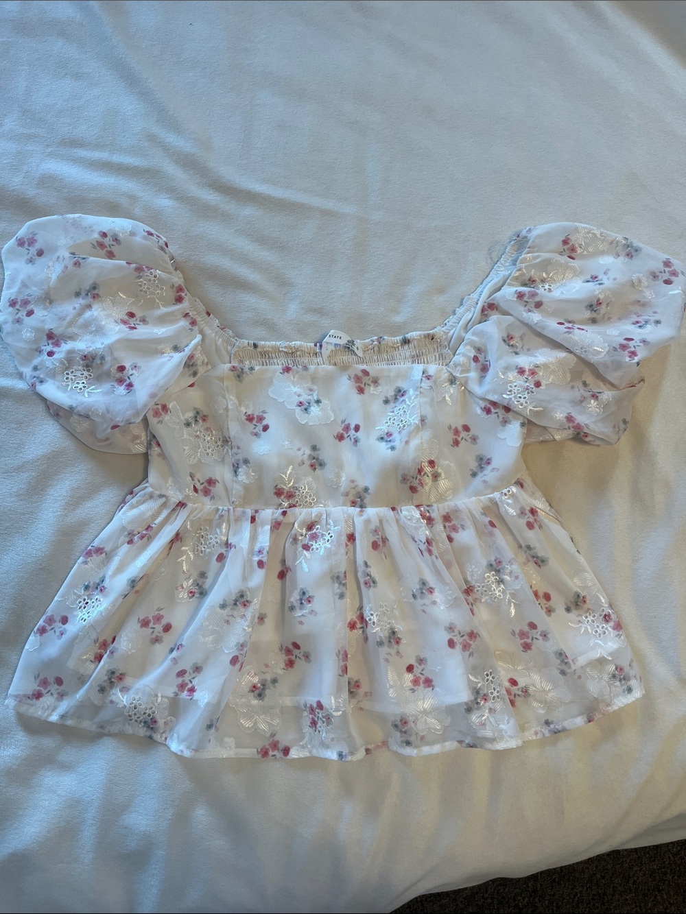 Altar'd State White Sheer Peplum Blouse with Pink Floral Embroidery
